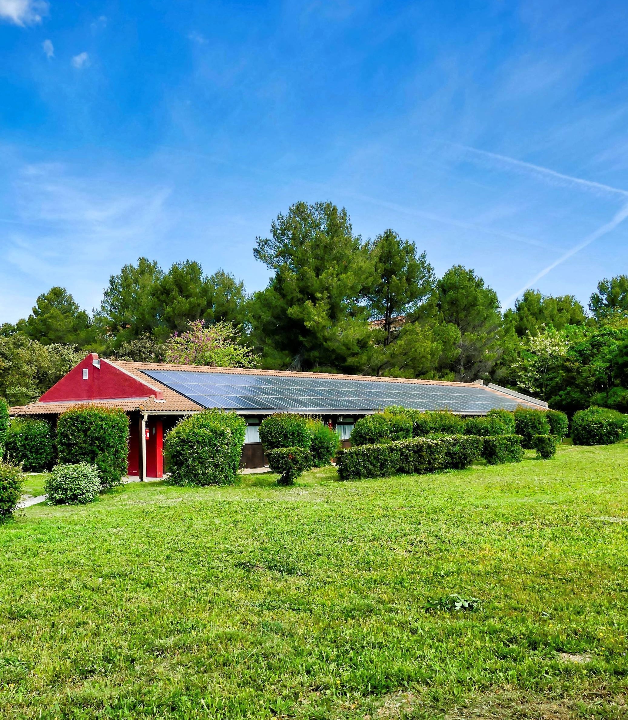 Solar farm in a green landscape representing sustainability